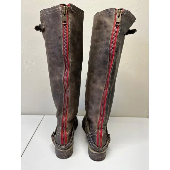 Freebird By Steven Roadie Boots Womens 9 Brown Leather Knee-High Red Back Zip